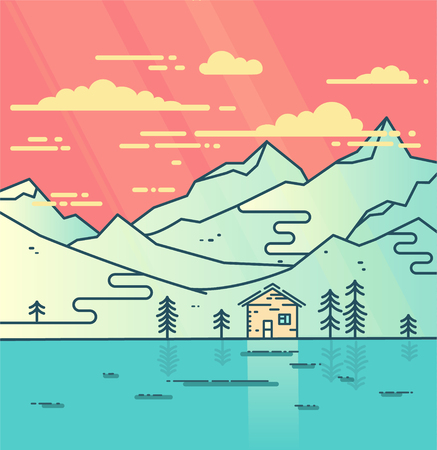 Mountains, water and cloudy sky flat vector illustration. House near ther lake. Modern conceptのイラスト素材