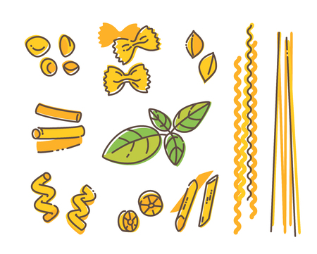 Italian Pasta set and basil leaf. Vector linear icons isolated on white backgroundのイラスト素材