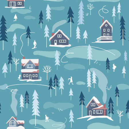 Winter snowy landscape with houses, trees and people. Vector seamless pattern. Endless backgroundのイラスト素材