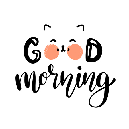 Good morning lettering poster with kitten. Vector illustrationのイラスト素材