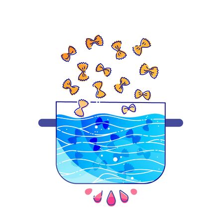 Farfalle in pan cooking in boiling water. Vector ilustration of italian pastaのイラスト素材
