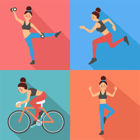 Fitness Woman Exercises in Flat Style - in vectorのイラスト素材