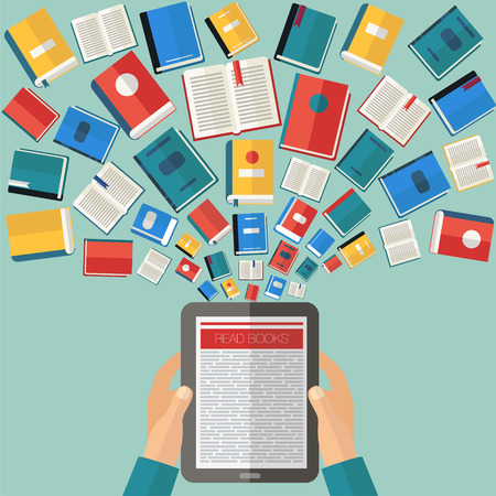 Reading Books and E-Books. Flat design in vectorのイラスト素材