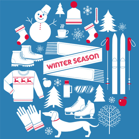 Winter Season Icons Set in Retro Style - in vectorのイラスト素材