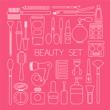 Beauty Set Icons in Pink Color in vectorのイラスト素材