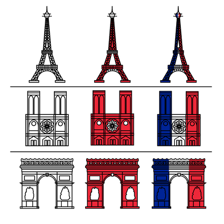 Paris Monuments Set - Eiffel Tower, Notre Dame de Paris, Arc of Triompheのイラスト素材