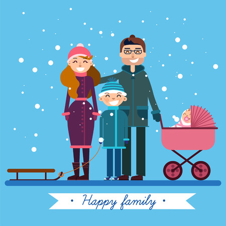 Happy Family with Newborn Baby on Winter Holiday. Vector illustration in flat styleのイラスト素材