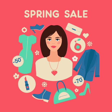 Shopping Spring Sale in Flat Design with Woman. Accessories, Clothing and Fashion Elementsのイラスト素材