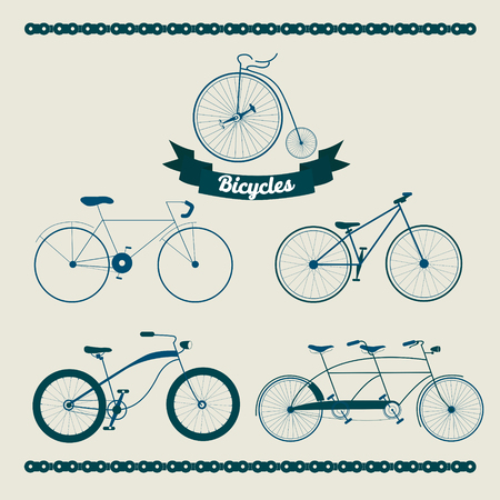 Set of Different Bicycles in Vintage Style. Vector illustrationのイラスト素材