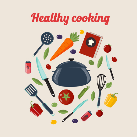 Kitchen Healthy Cooking Concept with Different Vegetables and Cutlery. Vector illustration in flat styleのイラスト素材
