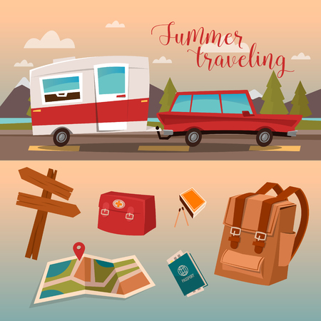Family Vacation Time. Active Summer Holidays by Camper. Vector illustrationのイラスト素材
