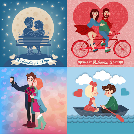 Valentine's Day Cards Set with Young Happy Couple. 4 Cards in Romantic Styleのイラスト素材