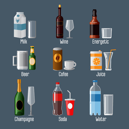 Set of Different Drinks in Ware. Vector illustrationのイラスト素材