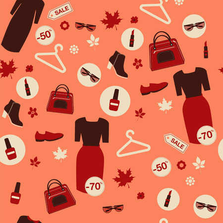 Shopping Autumn Sale Seamless Pattern. Accessories, Clothing and Fashion Elementsのイラスト素材