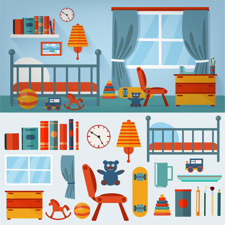 Children Bedroom Interior with Furniture and set of Toys. Vector illustration in flat styleのイラスト素材