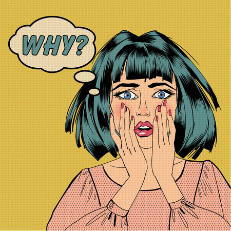 Surprised Shocked Woman with Bubble and Expression Why in Pop Art Style. Vector illustration comics style