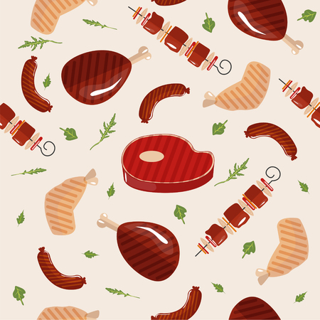 Grill Barbecue Meat Seamless Pattern. Vector illustration in flat styleのイラスト素材