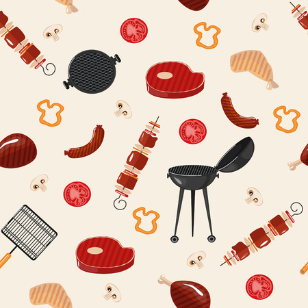 Grill Barbecue Seamless Pattern. Grilled Food with Kitchen Tools. Vector illustration in flat styleのイラスト素材