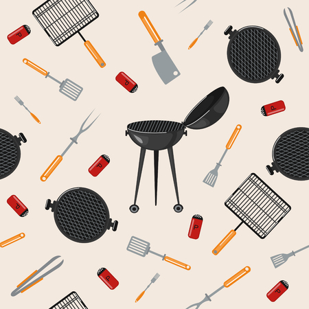 Grill Barbecue Seamless Pattern with Kitchen Tools. Vector illustration in flat styleのイラスト素材