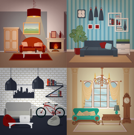 Set of Home Interiors in Different Styles. Home Sweet Home. Vector illustrations in flat styleのイラスト素材