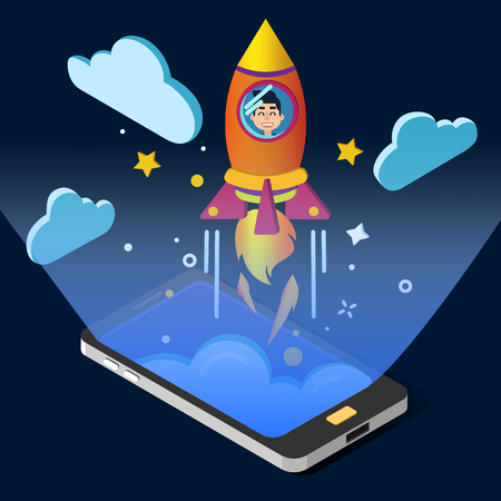 Business Project Start Up Concept. Isometric Design with Smart Phone and Rocket. Vector illustrationのイラスト素材