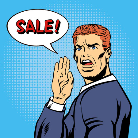 Pop Art Style Sale Poster. Vintage Man Shouts Sale in Comics Style. Vector illustrationのイラスト素材