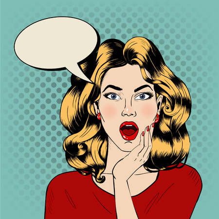 Surprised Woman with Bubble in Pop Art Style. Vector illustrationのイラスト素材