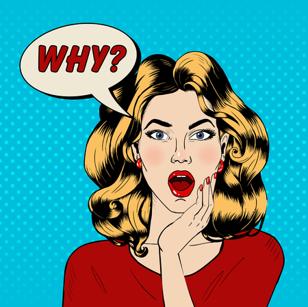 Surprised Woman with Bubble and Expression Why in Pop Art Style. Vector illustrationのイラスト素材
