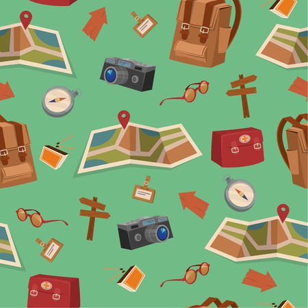 Time to Travel. Seamless Pattern of Camping Elements with Baggage, Travel Accessories and Map. Vector illustrationのイラスト素材