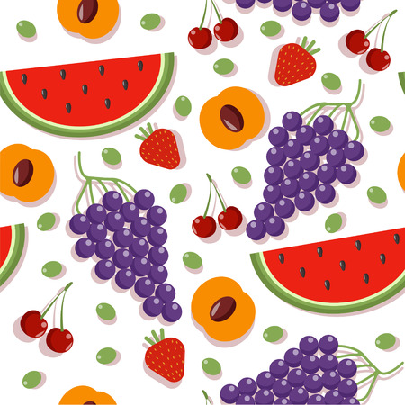 Seamless Patterns with Different Berries and Fruits: Cherry, Apricot, Strawberry, Watermelon and Grapes. Vector illustration in flat styleのイラスト素材