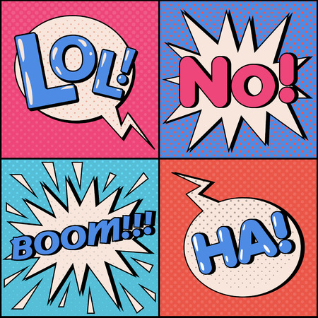 Set of Comics Bubbles in Pop Art Style. Expressions Lol, No, Ha, Boom. Vector illustration in vintage styleのイラスト素材