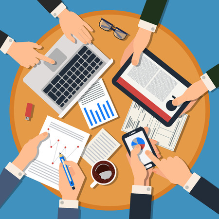 Business Meeting Concept. Top View of Desk with Hands, Gadgets and Documents. Vector illustration in flat styleのイラスト素材