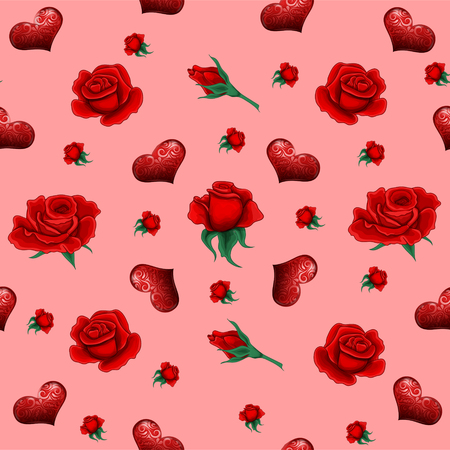 Seamless Pattern with Roses and Hearts for Valentine's Day, Weddingのイラスト素材