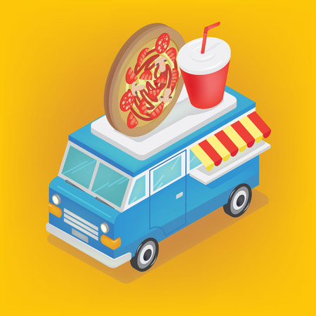 Isometric Food Truck with Pizza and Soda. Vector illustrationのイラスト素材