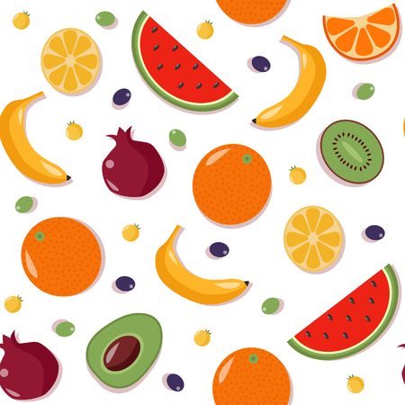 Fruits Seamless Pattern with Watermelon, Orange, Lemon, Kiwi, Avocado, Pomegranate and Bananas. Vector illustration in Flat Styleのイラスト素材