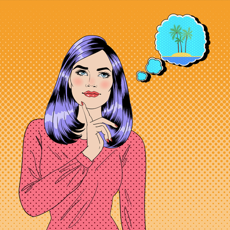 Girl Dreaming About Tropical Holiday. Vector Illustration in Pop Art Styleのイラスト素材