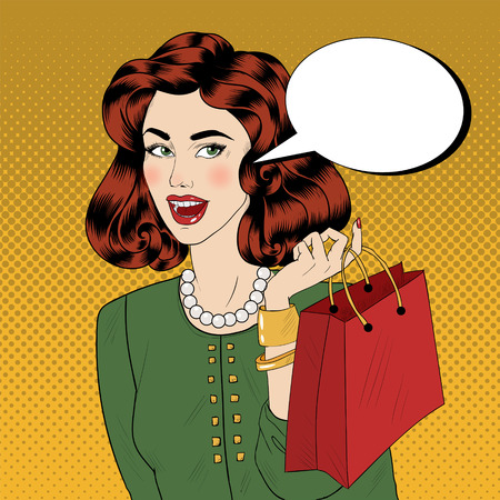 Pop art Style banner. Vintage Girl with Shopping Bags in Comics Style. Vector illustrationのイラスト素材