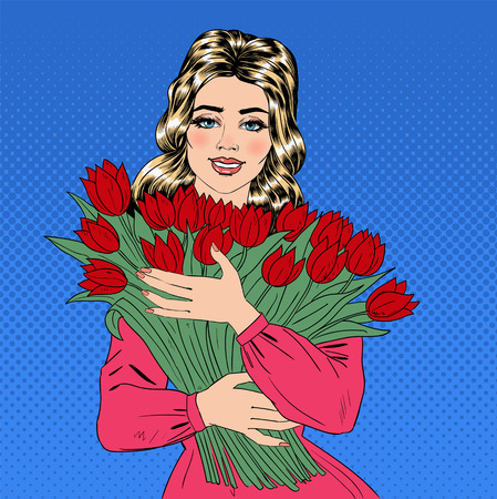 Beautiful Woman in Pink Dress with Bouquet of Red Tulips. Vector illustration in Pop Art styleのイラスト素材