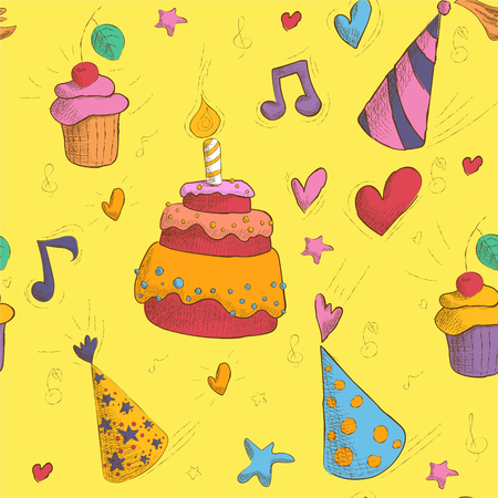 Happy Birthday Seamless Pattern with Cake, Cupcakes and Hats for Children Party. Vector illustration in hand-drawn styleのイラスト素材