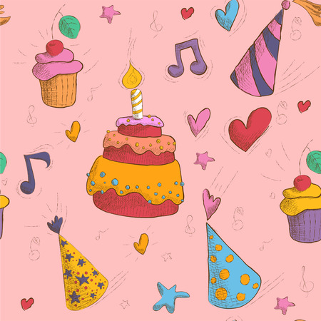 Happy Birthday Seamless Pattern with Cake, Cupcakes and Hats for Children Party. Vector illustration in hand-drawn styleのイラスト素材