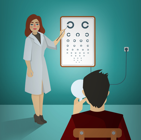 Woman Ophthalmologist Examining Patient Using a  Snellen Chart. Vector illustrationのイラスト素材