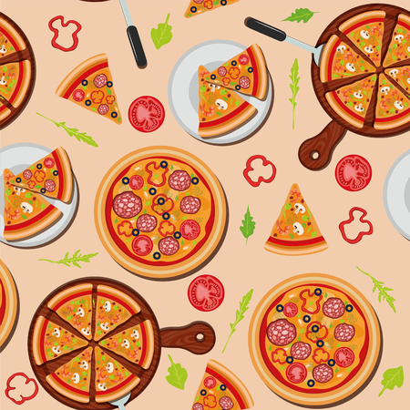 Pizza Seamless Pattern with Ingredients. Vector illustrationのイラスト素材