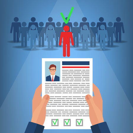 Recruitment for Business. Hands Hold CV Profile of Candidate. Human Resources. Vector illustration in flat styleのイラスト素材