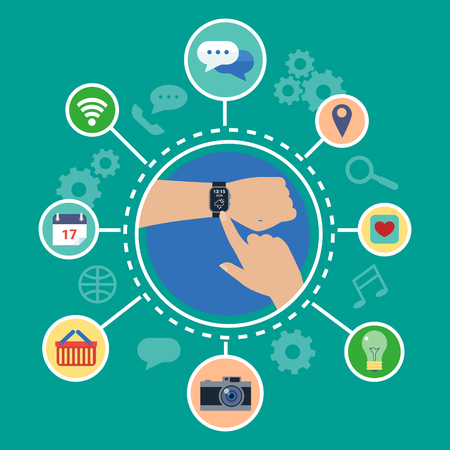 Smart Watch Technology Concept with Hands and Icons. Vector illustration in flat styleのイラスト素材