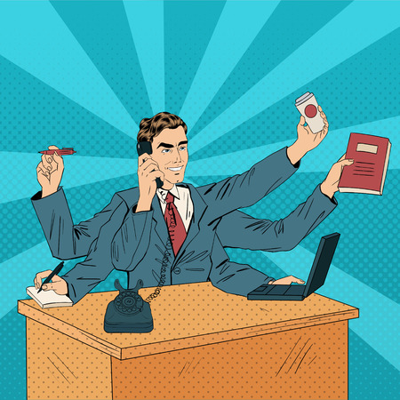 Business Superman Pop Art Banner. Man with Many Hands Doing a Lot of Things. Vector illustrationのイラスト素材