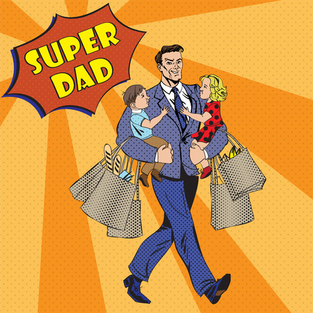 Super Dad with kids on his hands and Shopping Bags. Happy Fathers Day in Pop Art Style. Vector illustrationのイラスト素材