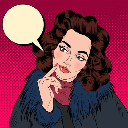 Beautiful Woman in Pop Art Comics Style. Dreaming about something. Vector illustrationのイラスト素材