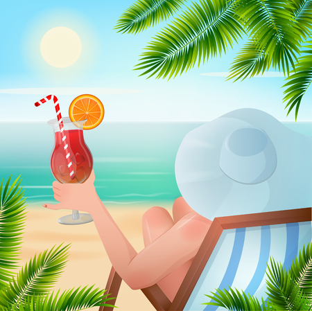 Summer Tropical Holiday. Woman with a Cocktail on the Beach under Palm Trees. Vector illustrationのイラスト素材