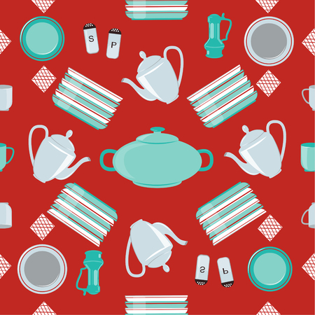Kitchen Dishes and Cutlery Seamless Pattern. Vector illustration in flat styleのイラスト素材