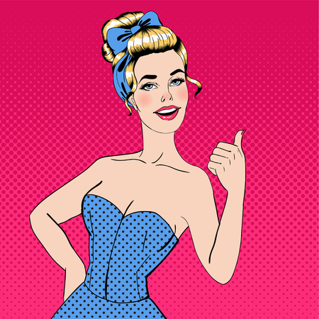 Illustration pour Pop Art Style Woman Gesturing Great. Vector illustration in pin-up style - image libre de droit